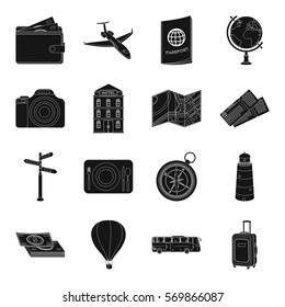 Rest and travel set icons in black style. Big collection of rest and travel vector symbol stock illustration