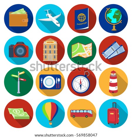 Rest and travel set icons in flat style. Big collection of rest and travel vector symbol stock illustration