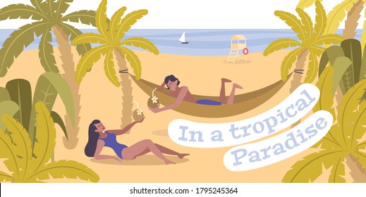 Rest in tropical paradise flat background with  sunbathers in hammock on south beach of ocean vector illustration