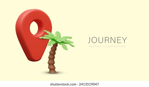 Rest under palm trees. Time to sunbathe. Vacation in tropical country. Web banner with 3D illustration and place for text on yellow background. Hot tours. Commercial layout of banner, flyer, header