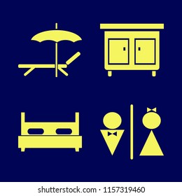 rest vector icons set. with chaise lounge umbrella, nightstand, wc and double bed in set
