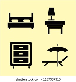 rest vector icons set. with chaise lounge umbrella, lamp nightstand, nightstand and double bed in set