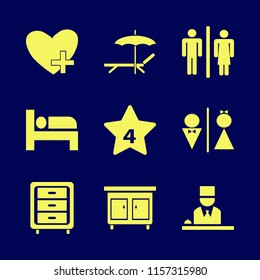 rest vector icons set. with hotel reception, bed, favorites and wc in set