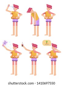 rest in the warm summer, inflatable swimming training ,Vector flat character illustration for animation