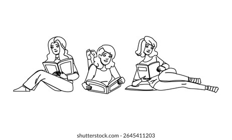 rest woman reading bed vector. female relax, cute leisure, indoors girl rest woman reading bed character. people black line pencil drawing illustration