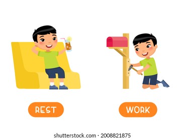 REST and WORK antonyms word card, opposites concept. Flashcard for English language learning. Asian boy is resting in a chair with cold tea in his hand. The child is working - making a mailbox