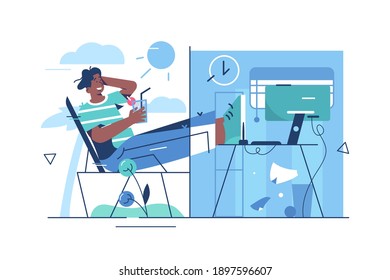 Rest and work balance vector illustration. Man freelancer working online flat style design. Remote work and freelancing concept. Isolated on white background