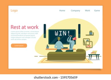 Rest at Work Header with Office Workers or Clerks Relaxing in Company Recreation Room. Burnout at Work Prevention, Caring for Employees and Favorable Work Environment. Flat Vector Illustration.