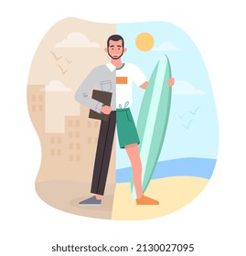 Descansa o trabaja. Hombre con taza de café o té con traje en la oficina y en la playa con baúles de natación con tabla. Empleado o surfista, sueños de vacaciones y vacaciones. Dibujo vectorial plano de dibujos animados