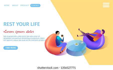Rest Your Life Horizontal Banner with Copy Space. Two Young Men Realxing Sitting at Armcairs at Glass Table. Man in Eye Glasses Drinking Coffee. Guy Lounging. 3d Flat Vector Isometric Illustration.