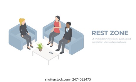 Rest zone isometric illustration. Relax area in office. People are resting while working.