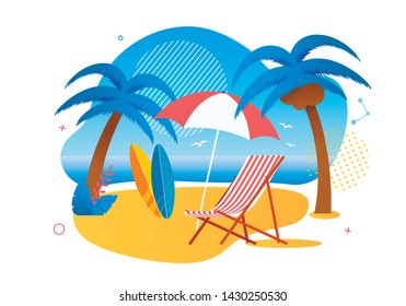 Rest Zone on Tropical Beach for Tourists Cartoon. Chaise Lounge or Deck-Chair under Umbrella, Two Surfboards. Seascape, Sky and Coconut Palms. Flat Recreational Amenity. Vector Cutout Illustration