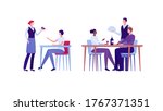 Restaraunt business concept. Vector flat person illustration set. Group of man and woman. People sit at table and order meal. Waiter hold food plate. Design element for banner, inforgraphic, menu