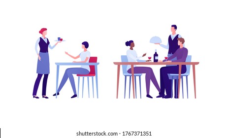 Restaraunt business concept. Vector flat person illustration set. Group of man and woman. People sit at table and order meal. Waiter hold food plate. Design element for banner, inforgraphic, menu
