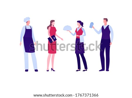 Restaraunt business staff concept. Vector flat person illustration set. Group of man and woman team employee. Chef, hostess, waiter, waitress character. Design element for banner, inforgraphic, menu