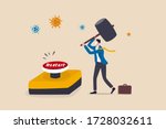 Restart business after Coronavirus COVID-19 lockdown, reopen company employee return to normal operation concept, businessman leader wearing face mask use huge hammer to hit emergency restart button.