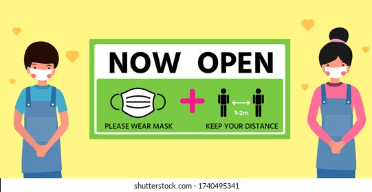 Restart business concept,now open after outbreak,vector illustration of small business owner welcoming customers,information re-opening of shop,service,cafe,restaurant,barber shop are working again