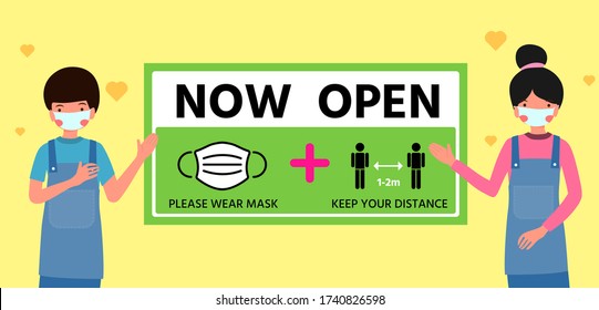 Restart business concept,now open after outbreak,vector illustration of small business owner welcoming customers,information re-opening of shop,service,cafe,restaurant,barber shop are working again