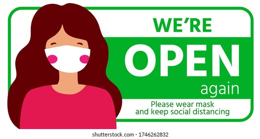 Restart business concept,we're open after outbreak,vector illustration of small business owner welcoming customers,information re-opening of shop,service,cafe,restaurant,barber shop are working again