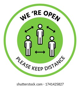 Restart business concept,we're open,social distancing,after outbreak,vector illustration of small business owner,welcoming customers,information re-opening of shop,service,cafe,restaurant,barber shop