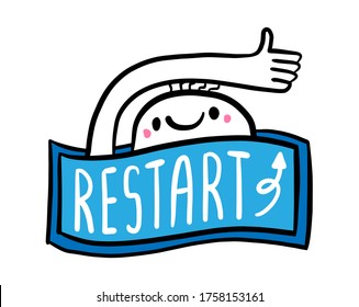 Reiniciar ilustración vectorial dibujada a mano en el estilo de doodle de dibujos animados hombre alegre y alegre escritura de etiquetas