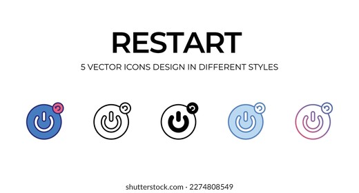 restart Icon Design in Five style with Editable Stroke. Line, Solid, Flat Line, Duo Tone Color, and Color Gradient Line. Suitable for Web Page, Mobile App, UI, UX and GUI design.