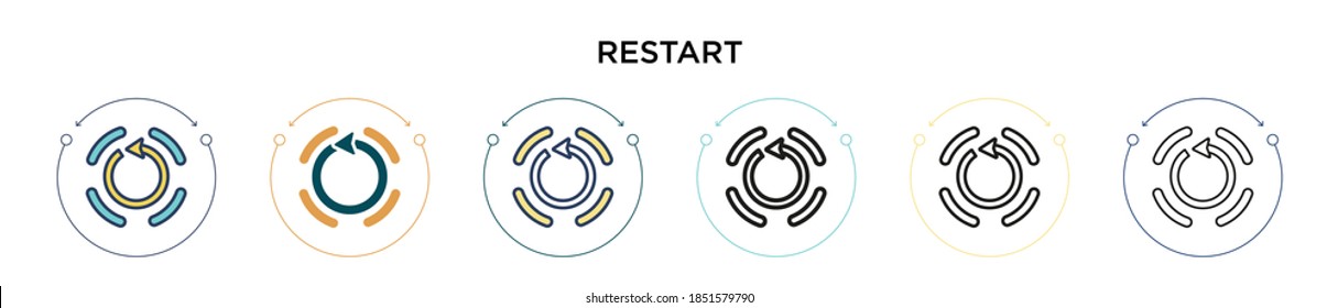 Restart icon in filled, thin line, outline and stroke style. Vector illustration of two colored and black restart vector icons designs can be used for mobile, ui, web