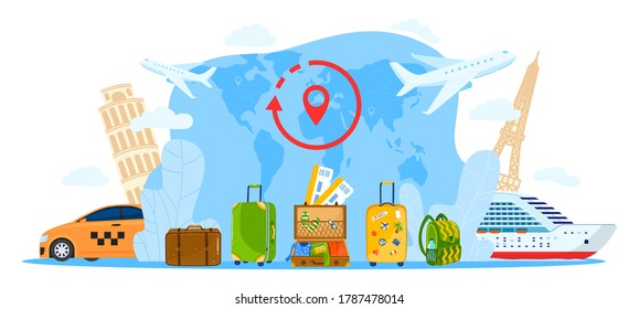 Restart Travel Agency Flat Concept Vector Illustration. Cartoon Tourist Bag, Open Suitcase Baggage For Travelers, Pinned World Map, Tourism Symbol Landmark, Start Traveling Promotion Isolated On White