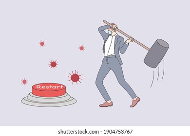 Restarting business after COVID-19 lockdown concept. Businessman in medical face mask reopening company using huge hammer to hit emergency restart button during coronavirus pandemic illustration