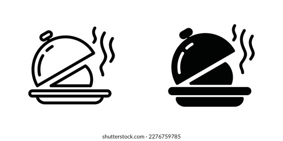 Restaurannt cloche icon set. Covered plate or plate cover icon. Restaurant waiter, waitress, maid icon symbol in line and flat style. Serving food with tray. Catering service. vector illustration