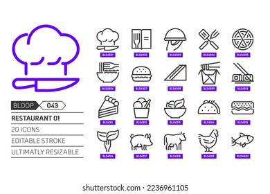 Restaurant 01 related, pixel perfect, editable stroke, up scalable, line, vector bloop icon set. 