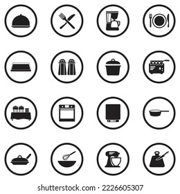 Restaurant Accessories Icons. Black Flat Design In Circle. Vector Illustration.