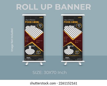 Restaurant advertisement food roll up banner template. vector food standee banner layout.