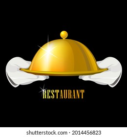 Restaurant advertising label template. Golden dish in the waiter hands.