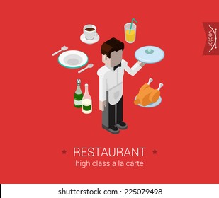 Restaurant a-la-carte waiter service flat 3d isometric pixel art modern design concept vector. Male waiter brings order food chicken champagne. Web banner illustration website click infographics.