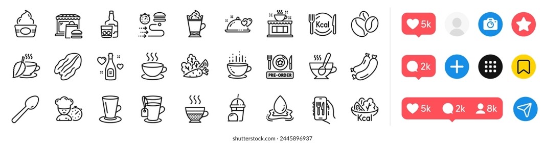 Restaurant app, Coffee beans and Teacup line icons pack. Social media icons. Ice cream, Cafe creme, Whiskey glass web icon. Coffee shop, Chef, Ice cream milkshake pictogram. Vector