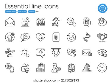 Restaurant app, Conversation messages and 24h service line icons. Collection of Vip internet, Shields, Secure mail icons. Share idea, Freezing click, Person idea web elements. Report. Vector
