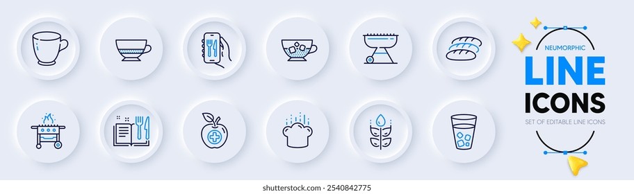 Restaurant app, Grill and Gluten free line icons for web app. Pack of Tea cup, Bread, Gas grill pictogram icons. Recipe book, Cooking hat, Bombon coffee signs. Cold coffee, Ice tea. Vector