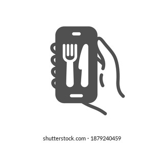 Restaurant app icon. Hand hold phone sign. Cellphone with screen notification symbol. Quality design element. Flat style restaurant app icon. Editable stroke. Vector