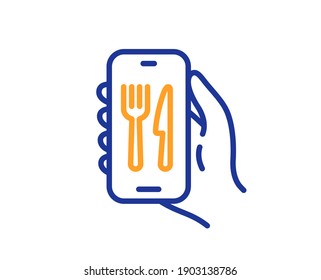 Restaurant app line icon. Hand hold phone sign. Cellphone with screen notification symbol. Quality design element. Line style restaurant app icon. Editable stroke. Vector