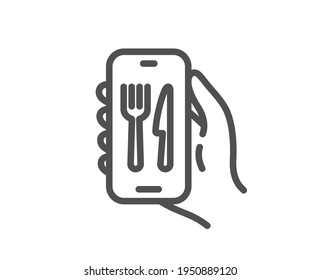 Icono de línea de aplicación de restaurante. Mano con la señal de teléfono. Teléfono móvil con símbolo de notificación de pantalla. Elemento de diseño de calidad. Icono de aplicación de restaurante de estilo lineal. Trazo editable. Vector