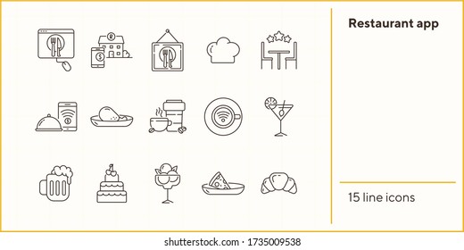 Restaurant app line icon set. Award stars, mobile payment, dessert, pizza isolated outline sign pack. Restaurant business concept. Vector illustration symbol elements for web design.