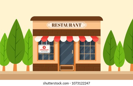 Restaurant area with banner all crypto currencies accepted.