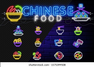 restaurant Asian food neon icons set. Chinese collection neon signs. Bright signboard, light banner. Neon isolated icon, emblem, design tremplate. Vector Illustration