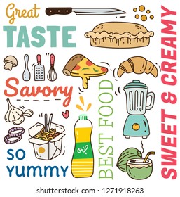 restaurant background in doodle style, various food and drink pattern
