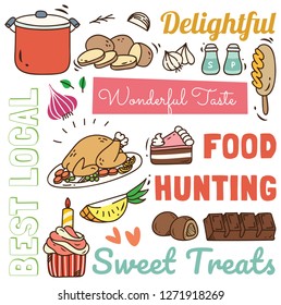 restaurant background in doodle style, various food and drink pattern