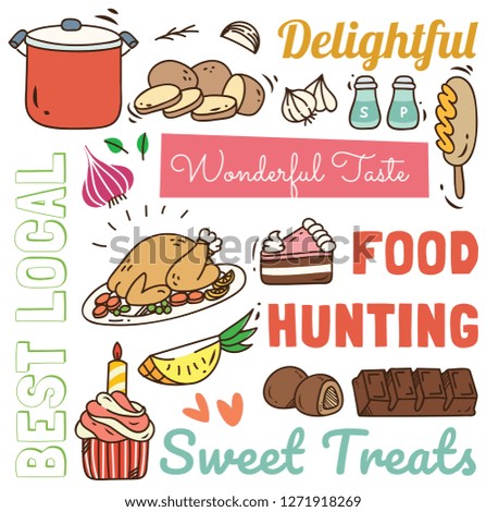 restaurant background in doodle style, various food and drink pattern
