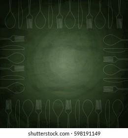 Restaurant background with fork, knife and spoon on chalkboard. Vector illustration