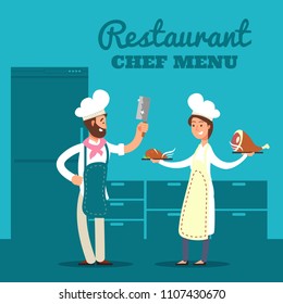 Restaurant background with kitchen silhouette and cartoon chef and cooks. Vector illustration