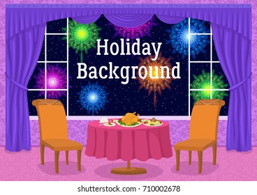 Restaurant Background with Table and Festive Food in Front of Window with View on Night Sky and Colorful Holiday Fireworks, Cartoon Illustration for Your Design. Eps10, Contains Transparencies. Vector